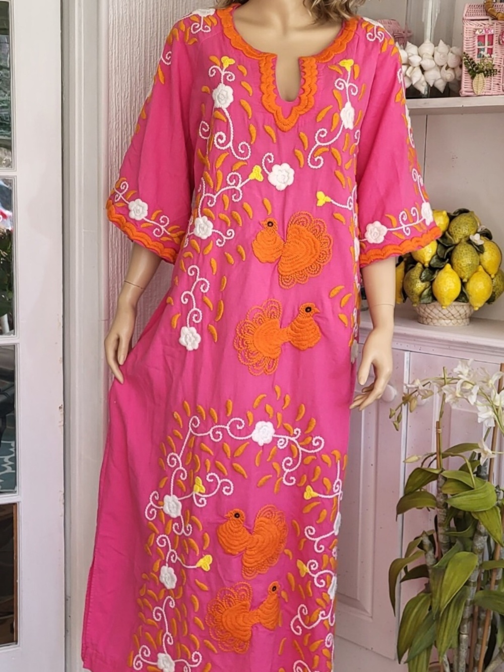 FRANCES VALENTINE PINK & ORANGE Peacock Caftan W/ pockets Maxi Dress Size 4